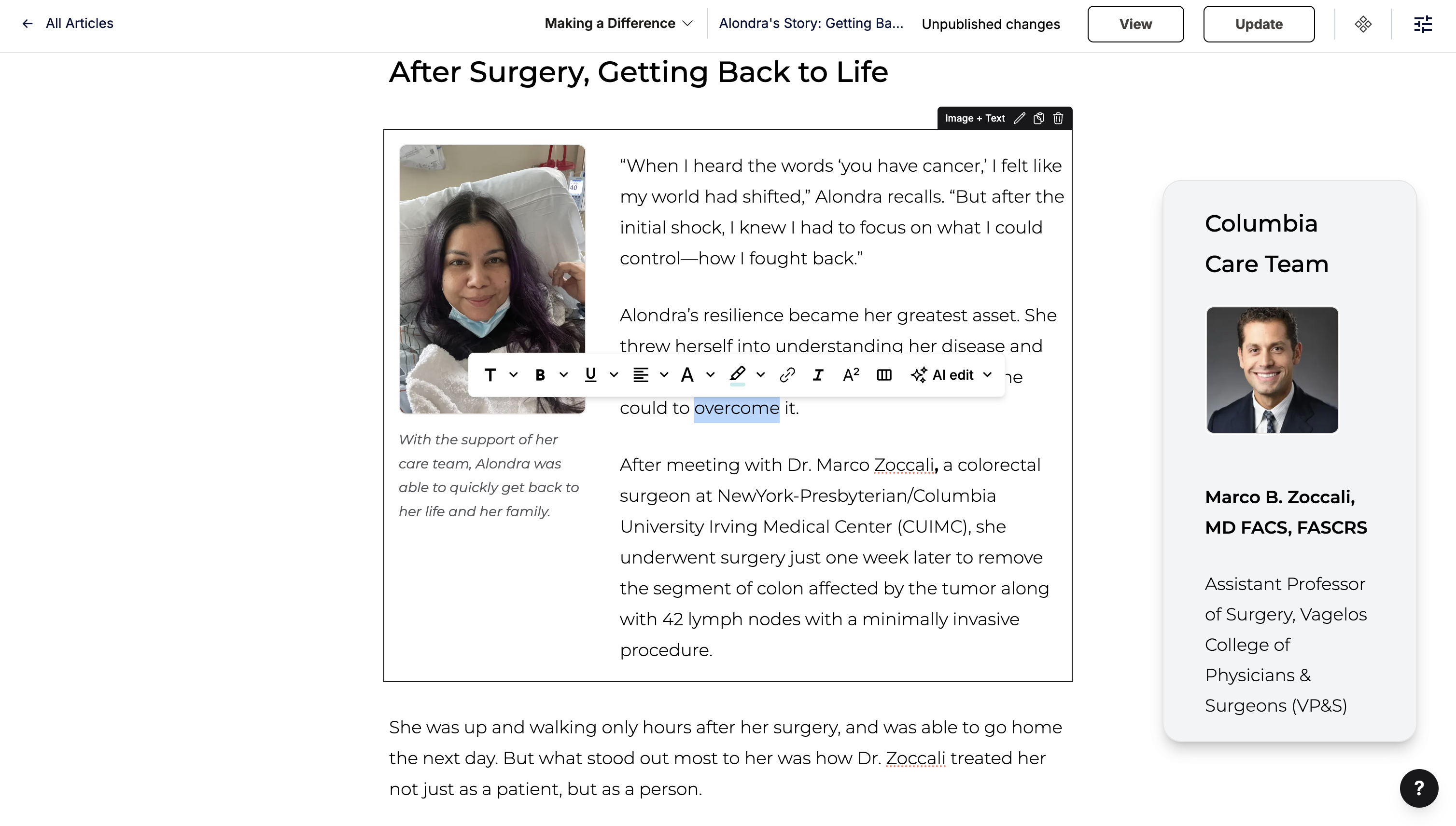 Publi editor showing a designed publication article page